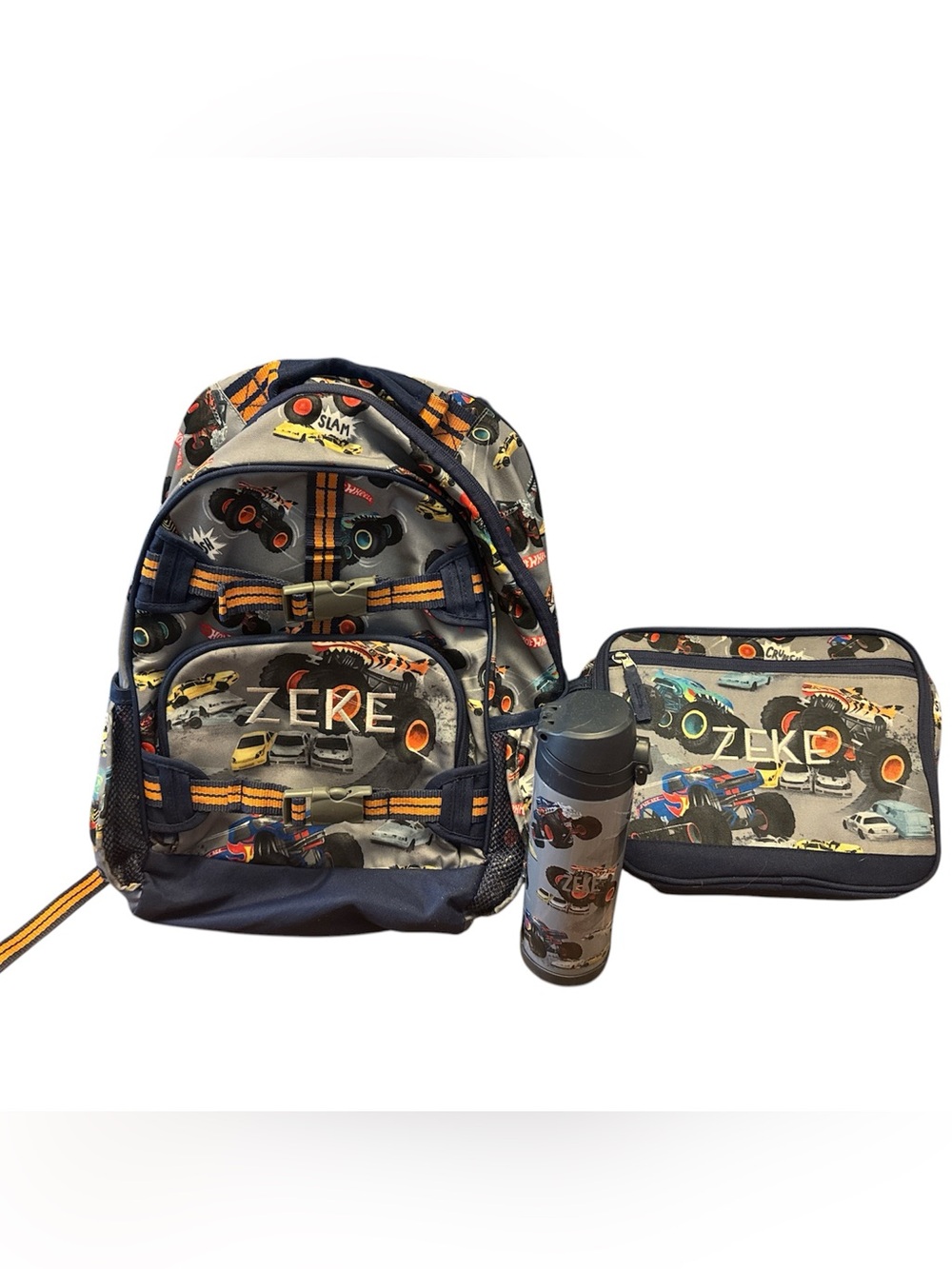 Pottery Barn Kids Gray and Navy Monster Truck Backpack Set